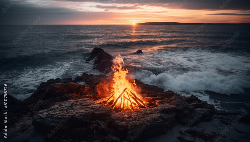 Sunset flame burns over crashing wave on rocky coastline horizon generated by AI