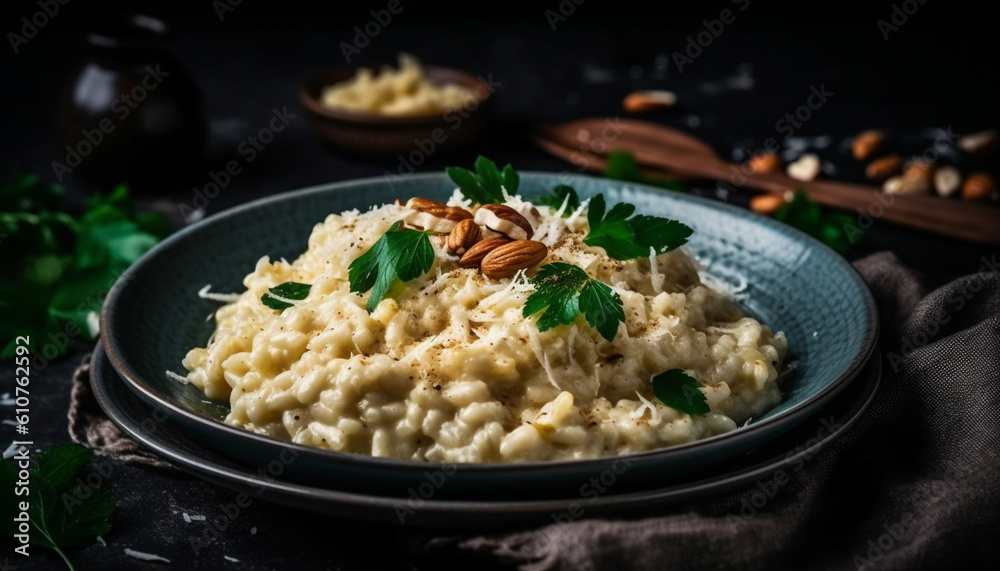 Healthy vegetarian risotto meal with fresh parsley and parmesan cheese generated by AI