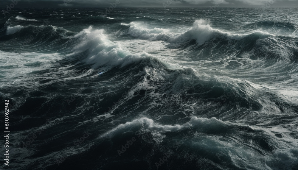 Dark stormy waves crash against rough coastline, nature strength displayed generated by AI