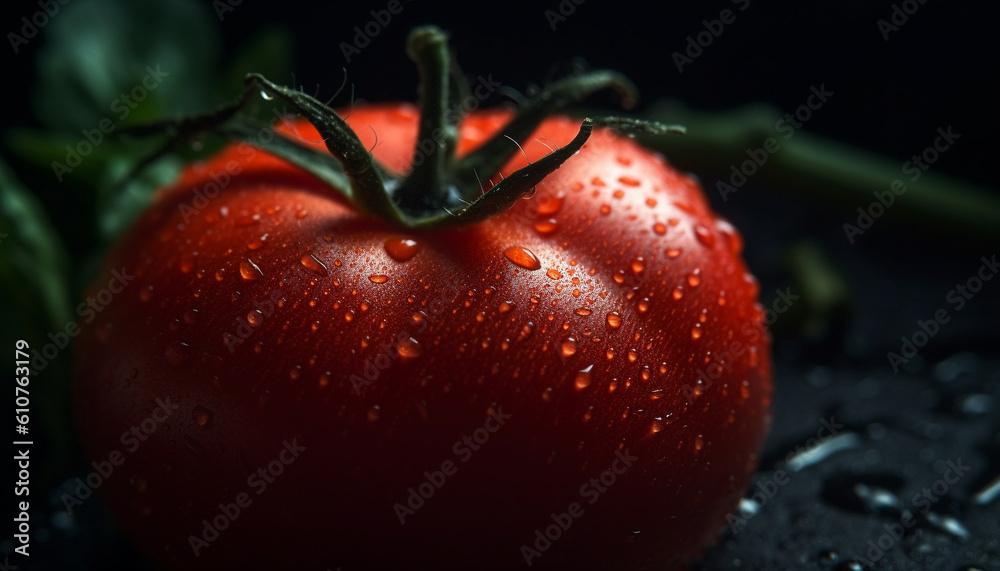 Ripe organic tomato, fresh drop of water, healthy vegetarian meal generated by AI