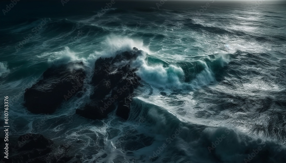 Breaking waves crash against rocky coastline at dusk, awe inspiring beauty generated by AI