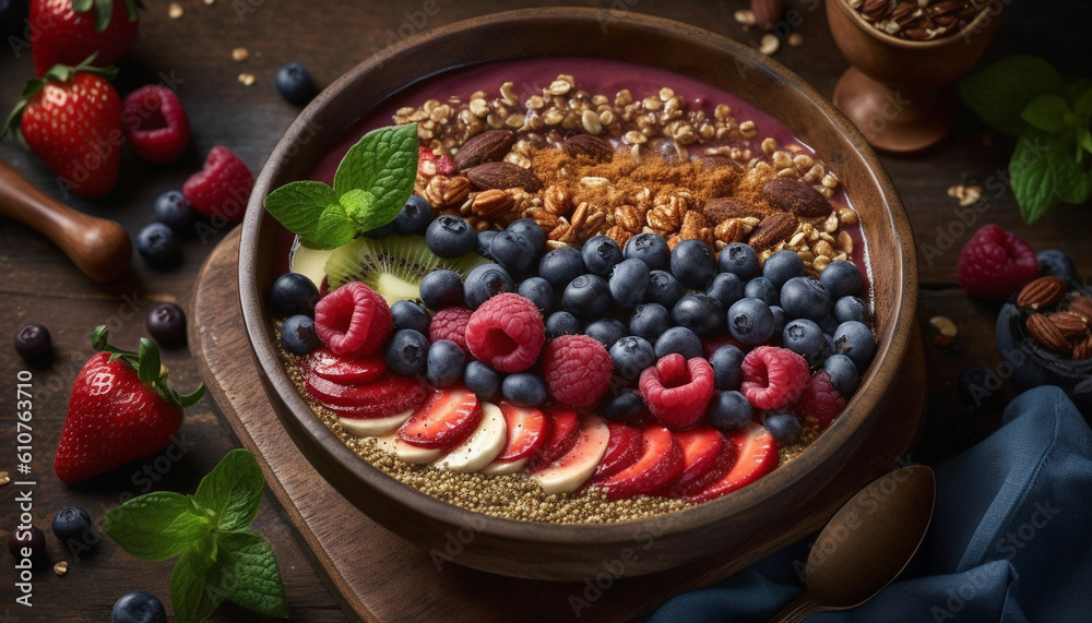 Healthy gourmet breakfast bowl with fresh berry fruit and granola generated by AI