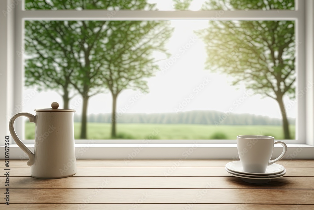 cup and saucer on a wooden table in front of a window with natural light. Generative AI