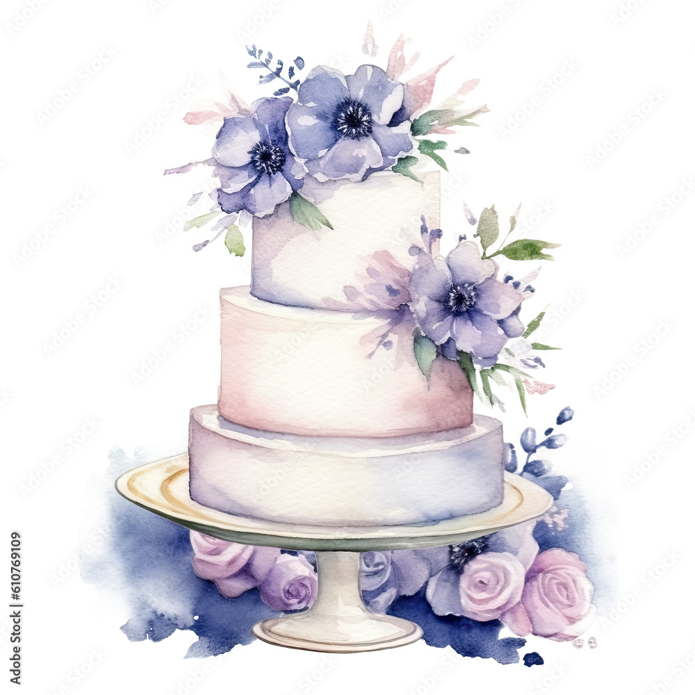 Watercolor wedding cake with flowers. Illustration AI Generative.
