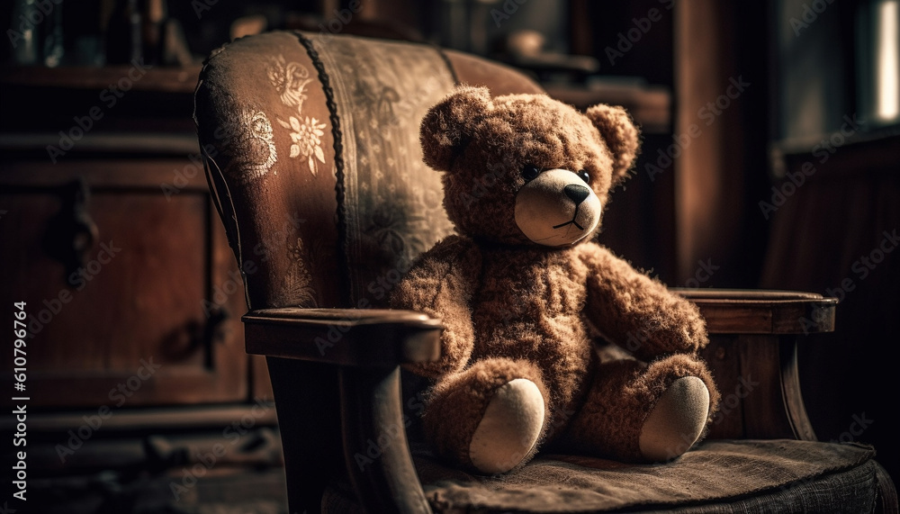 Abandoned old fashioned bedroom with elegant antique chair and cute teddy bear generated by AI