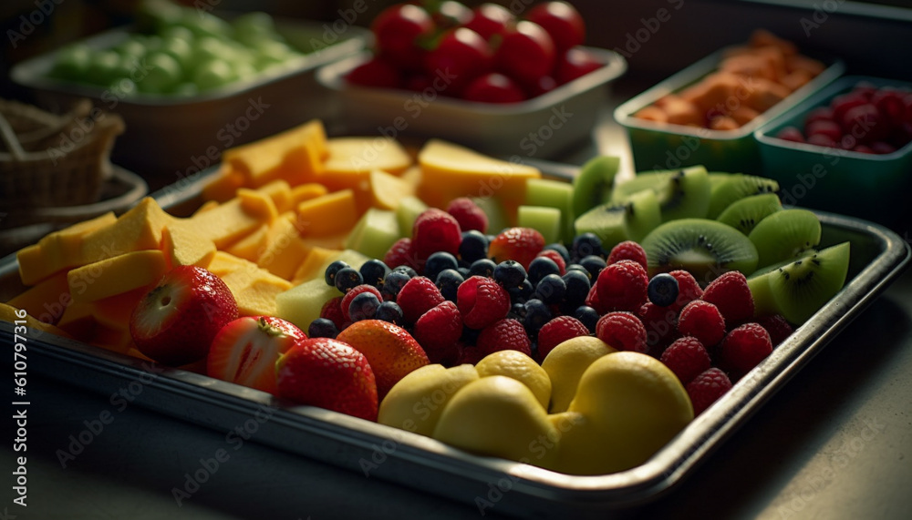 Abundance of fresh fruit on large tray for healthy snacking generated by AI