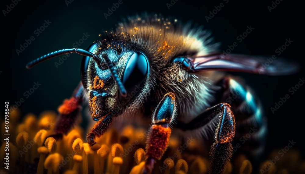 Close up of a yellow honey bee pollinating a single flower generated by AI