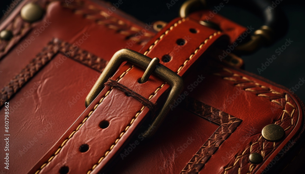 Leather suitcase handle, close up fashion bag, metal backgrounds luggage rough elegance buckle gener