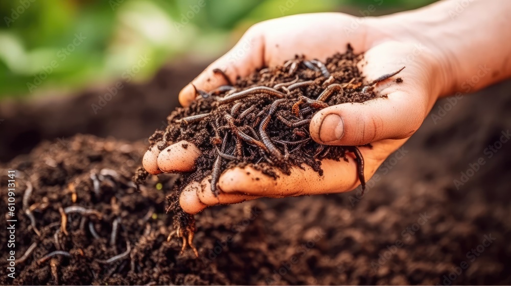 Hands Holding earthworms. Composting and gardening concept. Garden compost. Generative AI