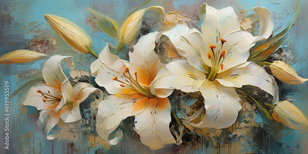 AI Generated. AI Generative. Beautiful botanic lily flower oil paint illustration. Aesthetics floral