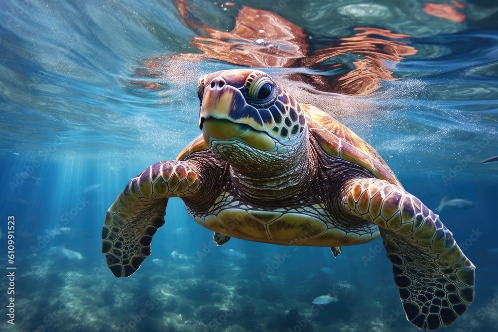 Animals. Sea turtle swimming underwater. Sea creatures. Generative AI.