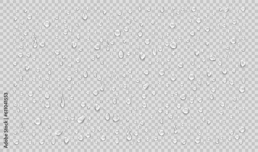 Set of isolated water drops on transparent background. Realistic vector illustration..