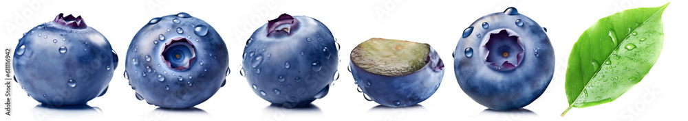 Set of blueberries with bloom in drops: whole berries, one cut and blueberry leaf isolated on a whit