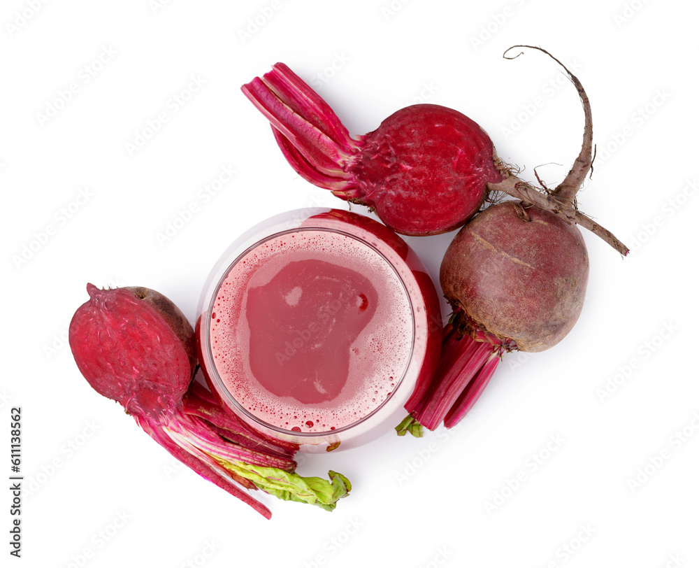 Glass of fresh beetroot juice and vegetables isolated on white background