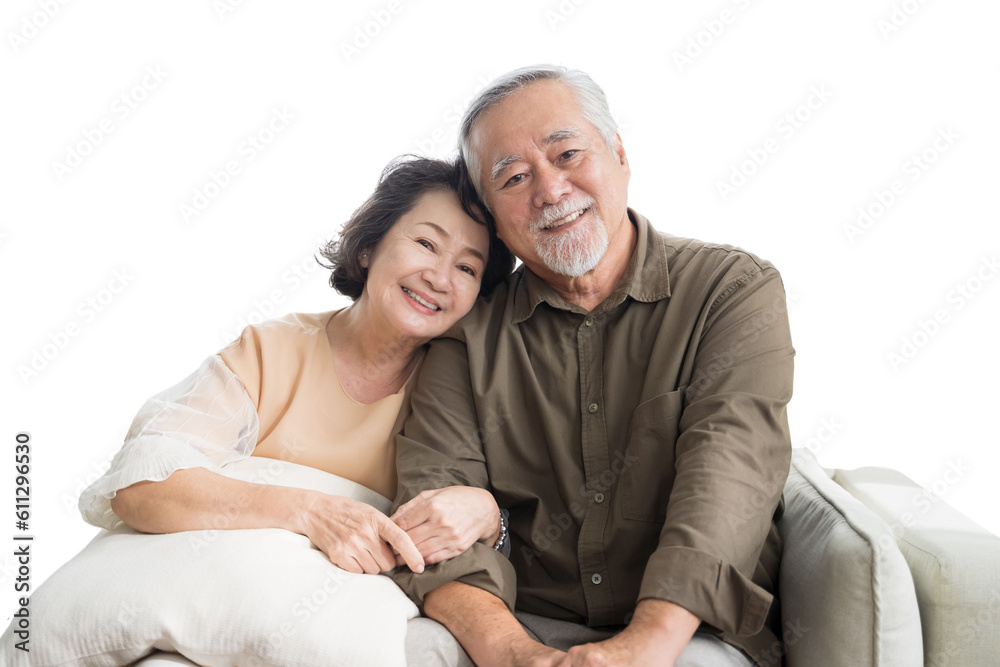 Asian senior couple smiling at the camera. Family mature couple portrait isolated white background, 