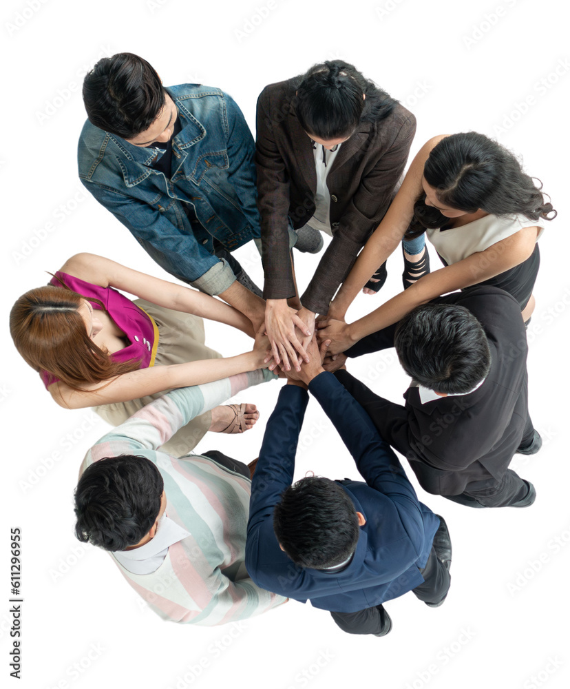 Top view of people in team stack hands at the circle together as unity and teamwork in office. young