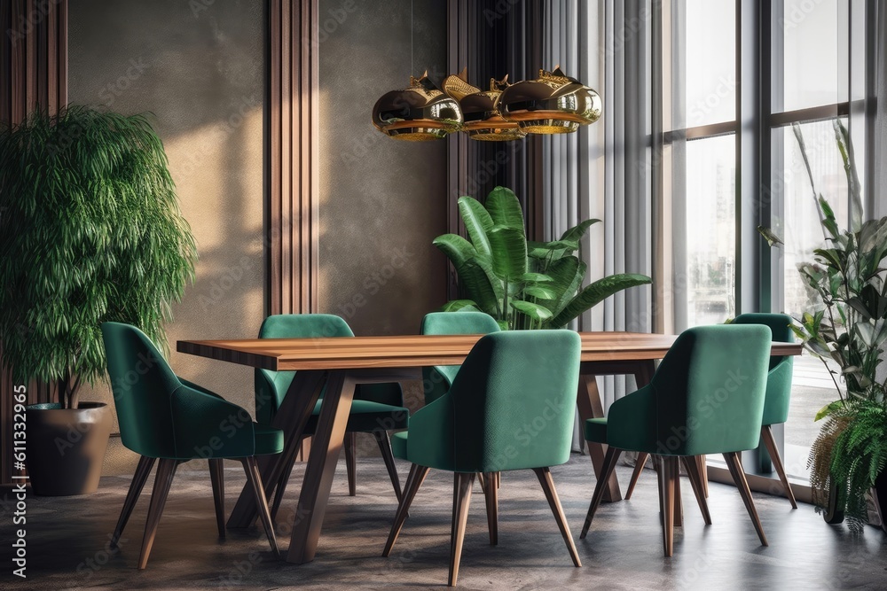 Interior design of modern dining room, wooden table and green chairs. Generative AI