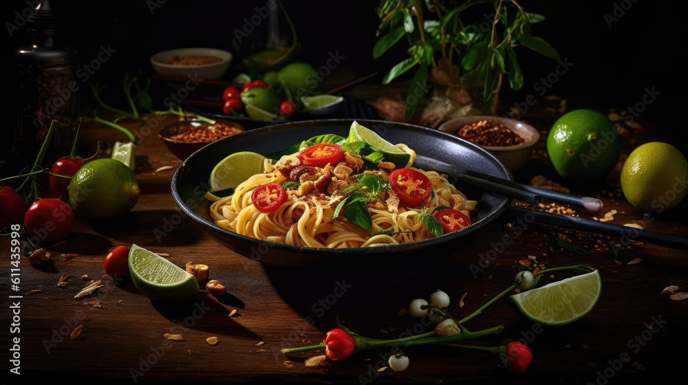 Thai traditional food, Pad thai, dry noodle, street food, best delicious, dark food photography, Gen