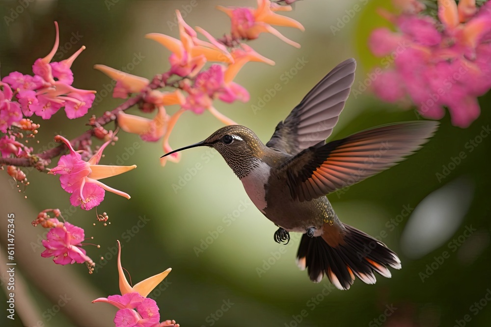 hummingbird hovering near pink flowers. Generative AI