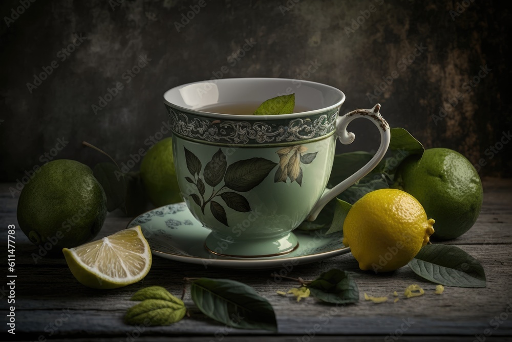 cup of hot tea garnished with fresh lemons and leaves. Generative AI