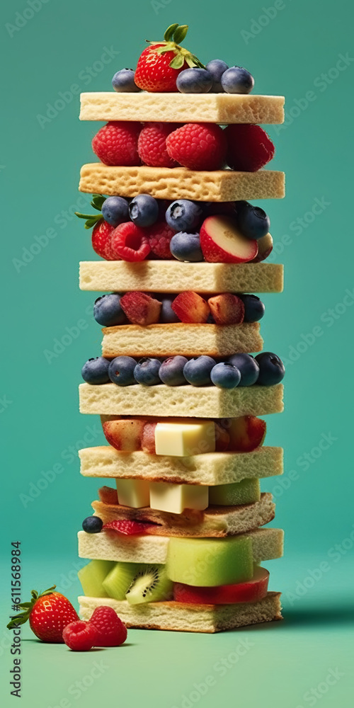 Equilibrium food balance diet concept. Balancing pyramid or tower of fruits. Generative AI
