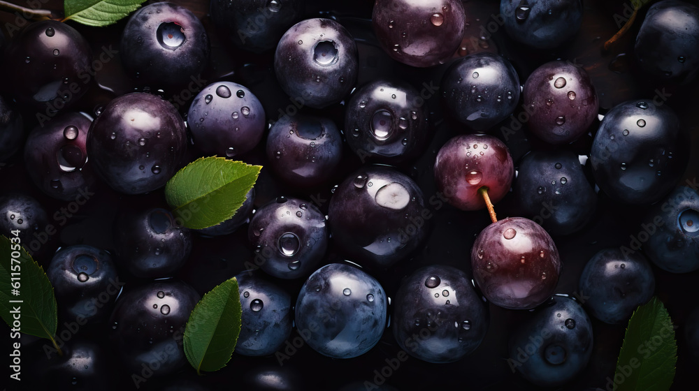 Fresh ripe huckleberry with water drops background. Berries backdrop. Generative AI