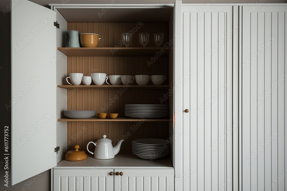 white cupboard filled with dishes and cups. Generative AI