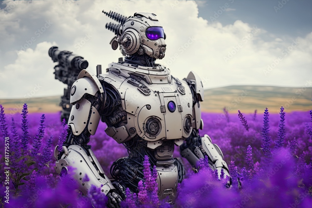 robot standing in a field of purple flowers under a starry night sky. Generative AI