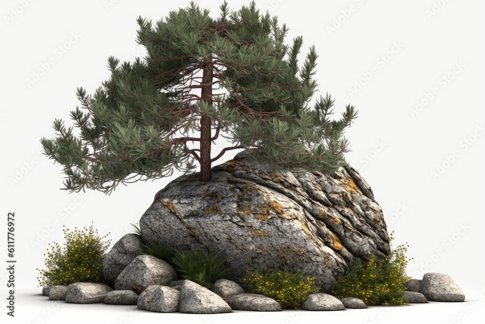 lone pine tree growing on top of a rocky outcrop. Generative AI