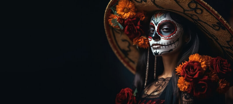 戴着糖骷髅妆容和鲜花的女人。亡灵节。万圣节。留白。横幅。生成式人工智能