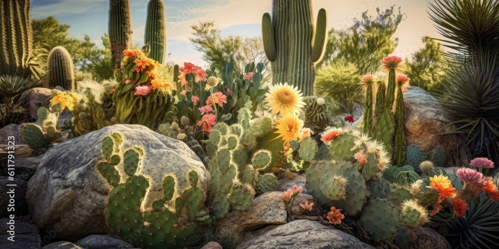 exotic desert cactus garden, showcasing a variety of unique and sculptural cacti against the backdro