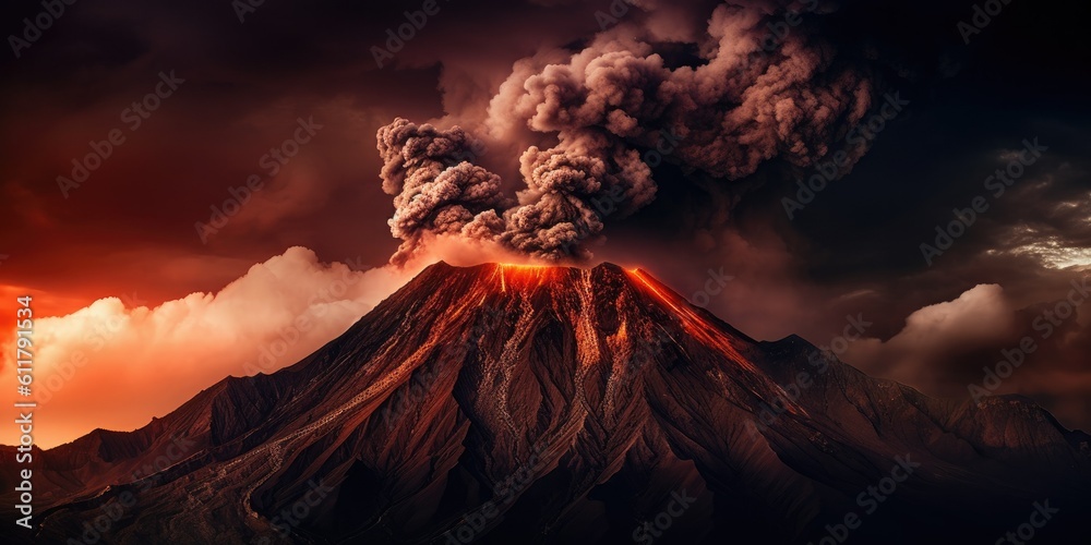 majestic volcano rising from the earth, with billowing smoke and molten lava flowing down its fiery 