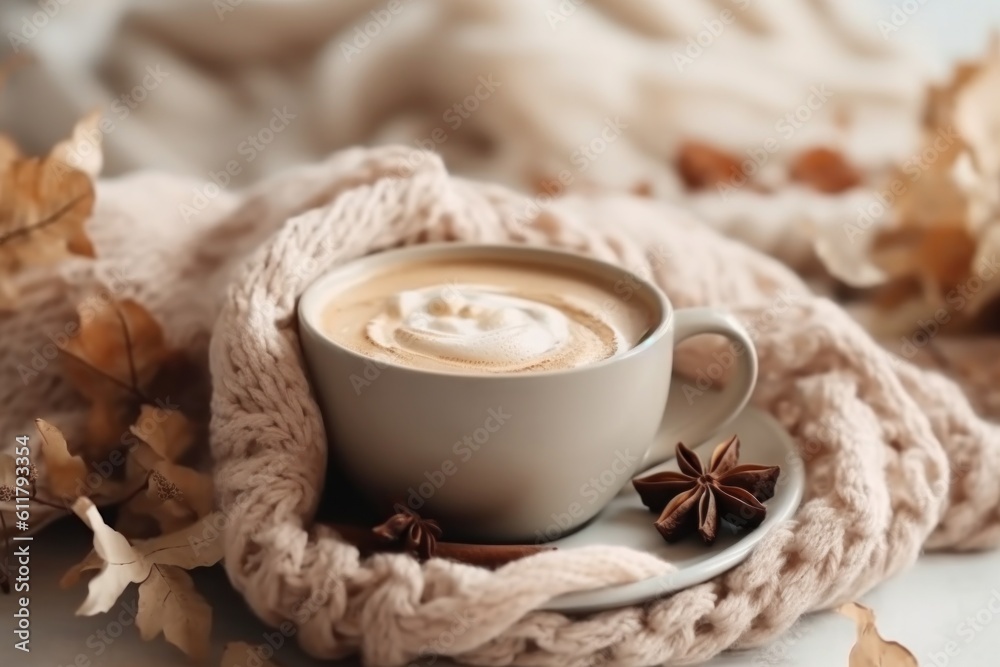 Autumn cozy background with coffee. Illustration AI Generative.
