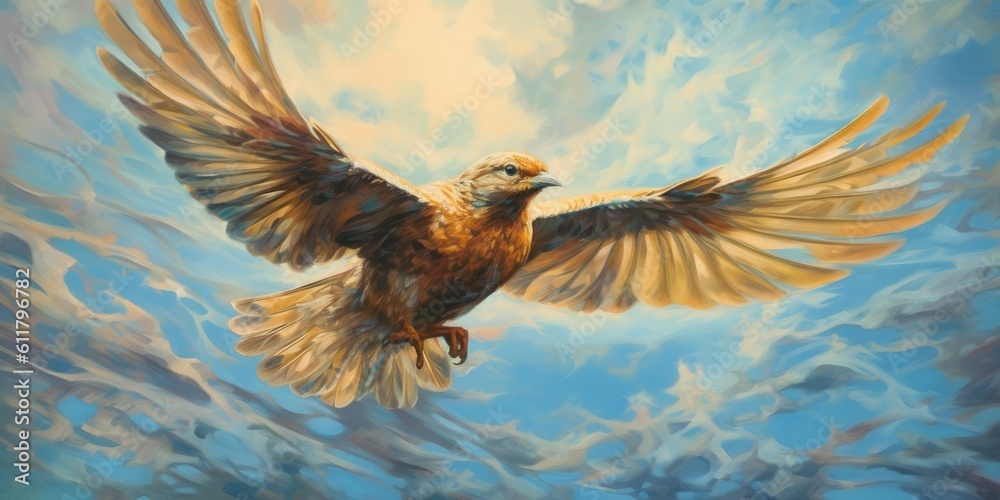 dynamic composition capturing the skylark in mid-flight, its wings outstretched against a backdrop o