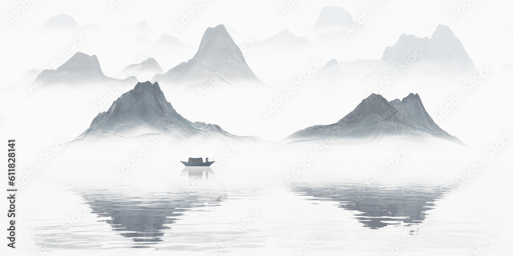 Chinese style ink painting mountains.