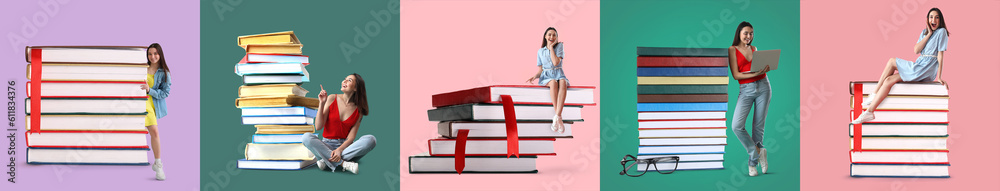 Set of young women and many big books on colorful background