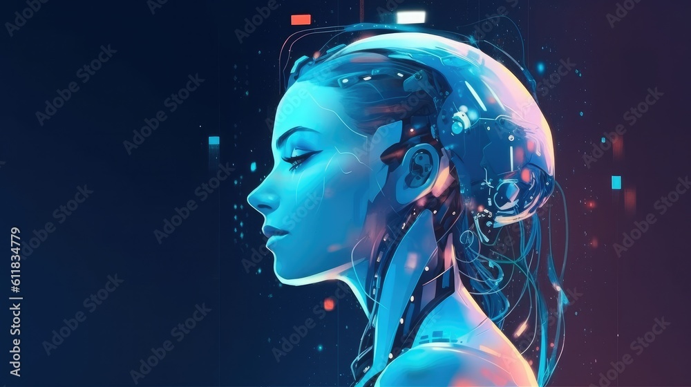 Artificial intelligence humanoid cyber girl with neural, Technologies of the future, transhumanism, 
