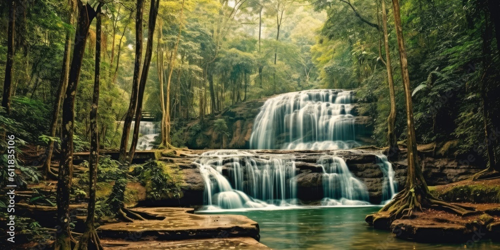 Beautiful fresh green nature scenic landscape waterfall in deep tropical jungle rainforest, Tourism 