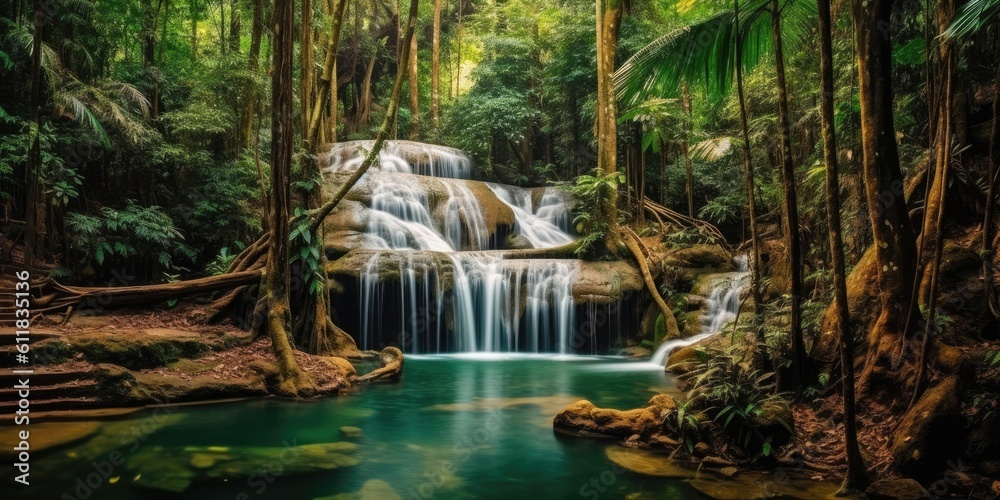 Landscape Waterfall Tropical forest, Panoramic beautiful deep forest waterfall, AI generated.