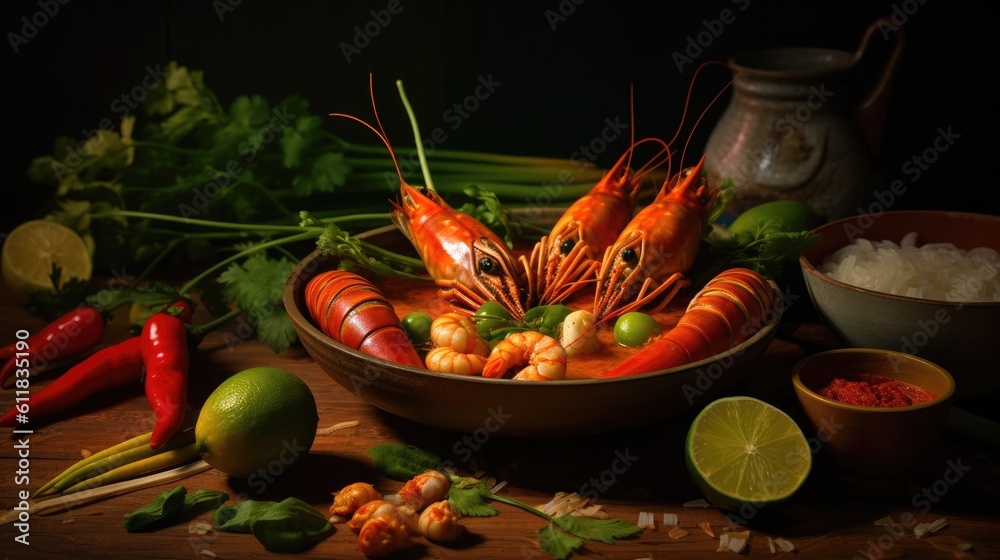 Traditional Thai spicy soup with shrimps, Mushroom, lemongrass and vegetables, Tom Yam Kung, AI gene