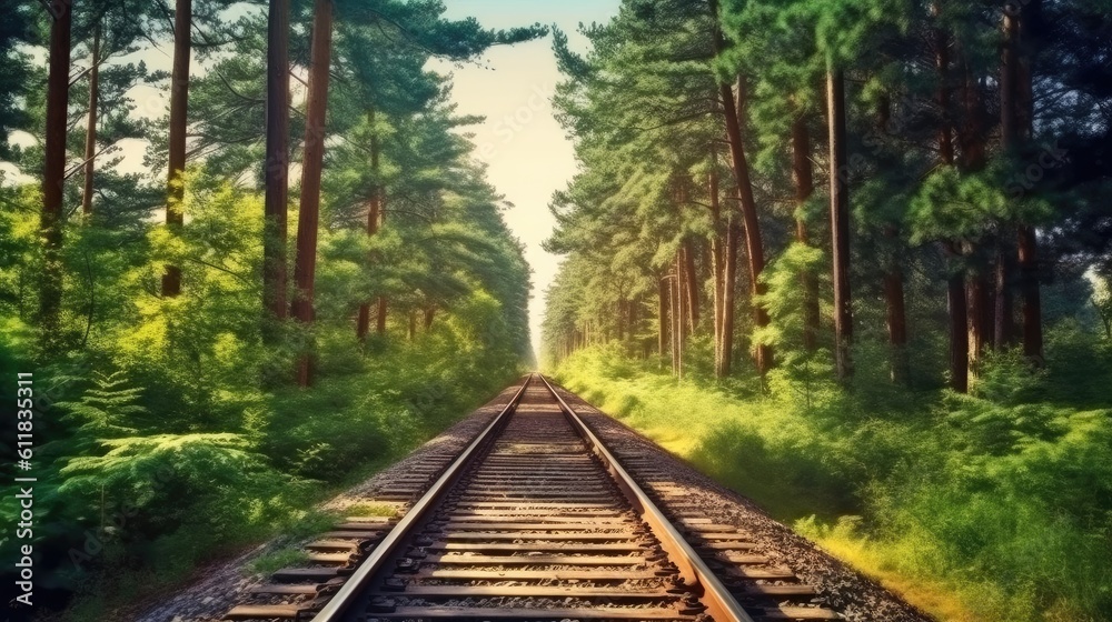 Forest trees along a railroad on an summer afternoon, Train tracks travel concept, Train Travel Land