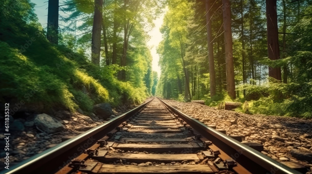 Train with Forest trees along a railroad, Train travels, Trees along the railway, AI generated.