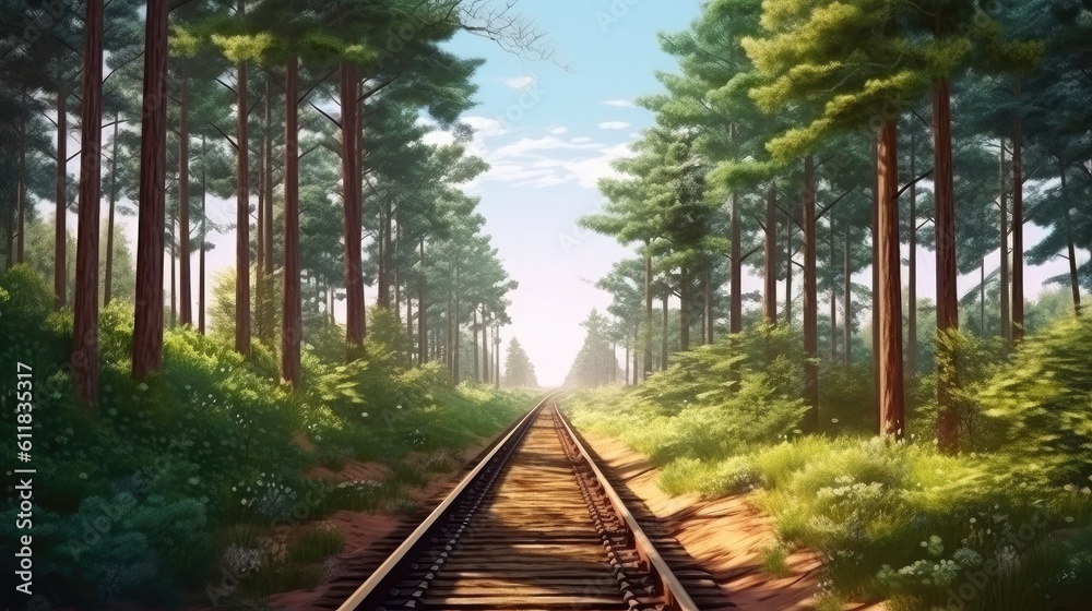Forest trees along a railroad on an summer afternoon, Train tracks travel concept, Train Travel Land