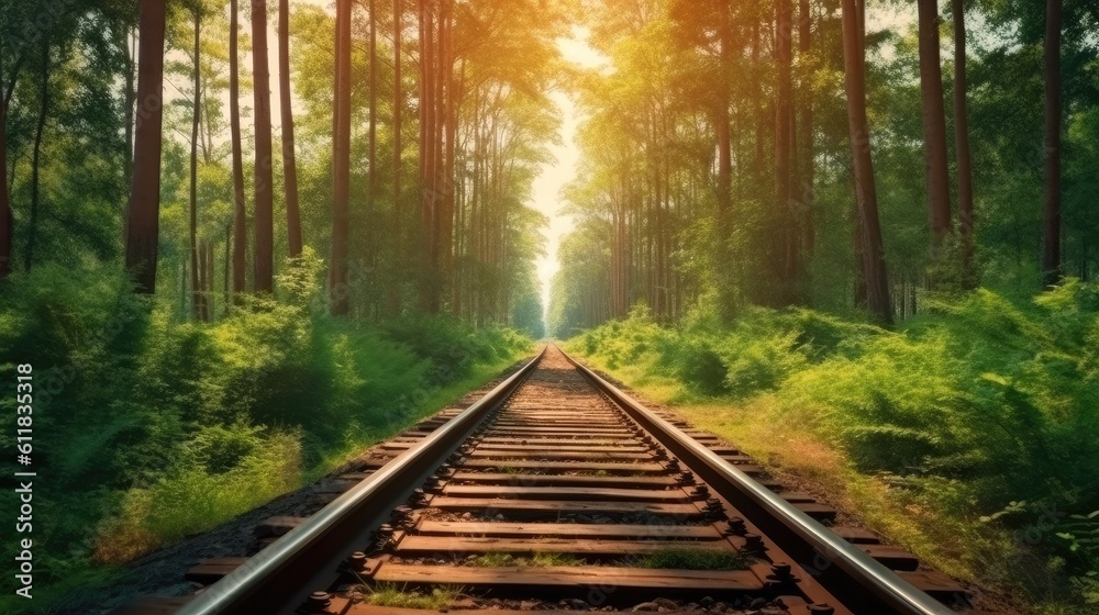 Journey Through the Rails, Exploring the Majestic Landscape Along the Railroad, Train with Forest tr