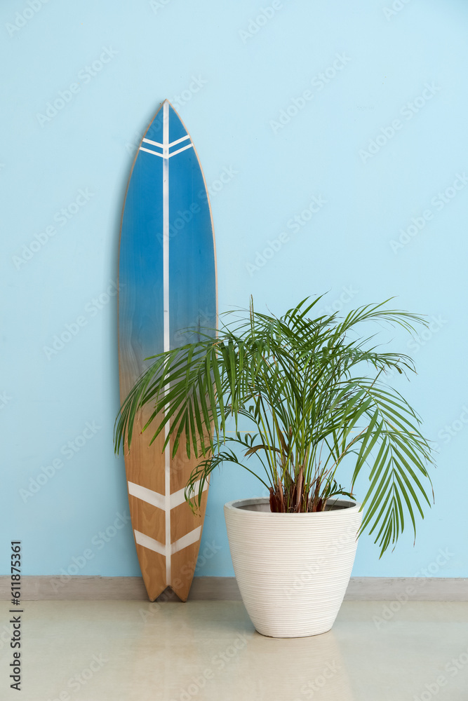 Wooden surfboard with palm tree near blue wall
