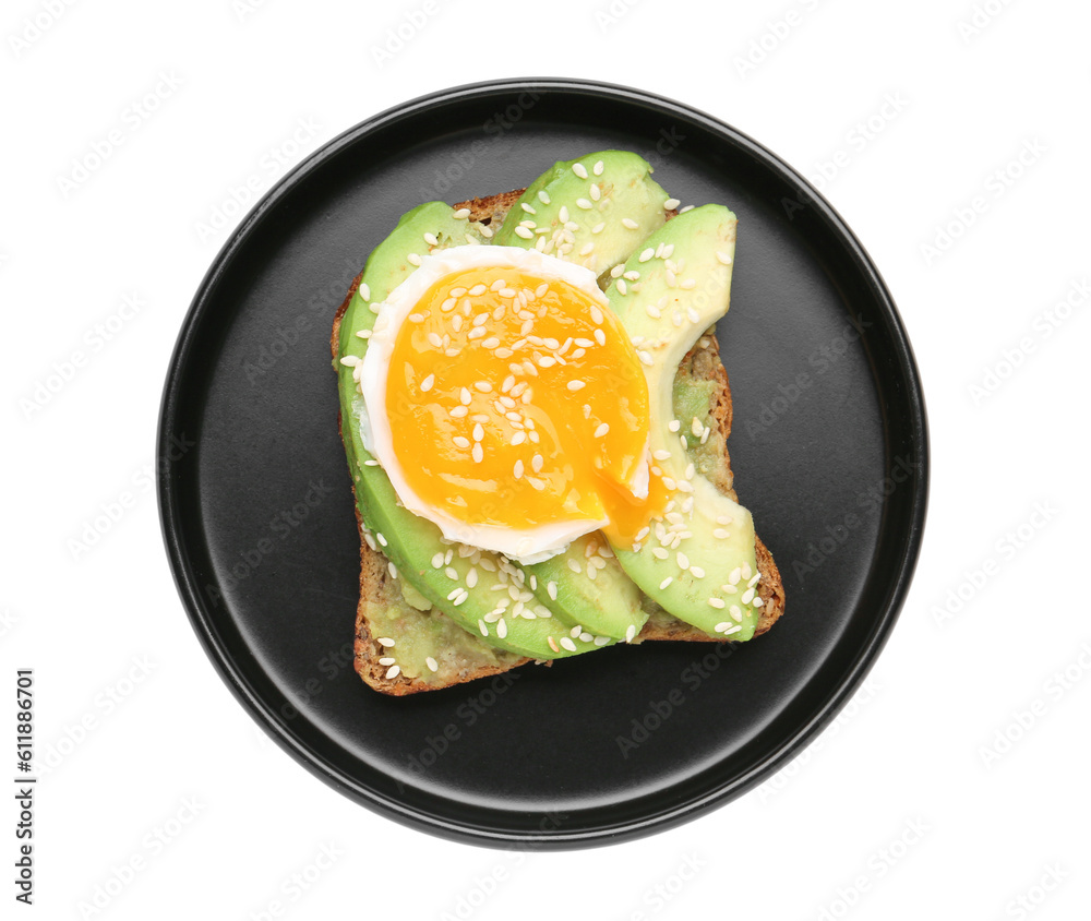 Plate of tasty avocado toast with egg on white background
