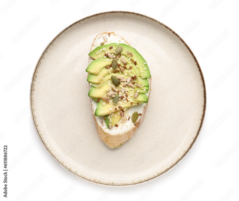 Plate of tasty bruschetta with avocado on white background