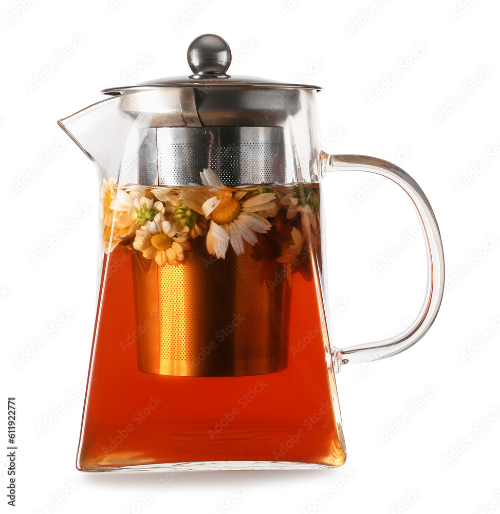 Teapot of natural chamomile tea with flowers isolated on white background