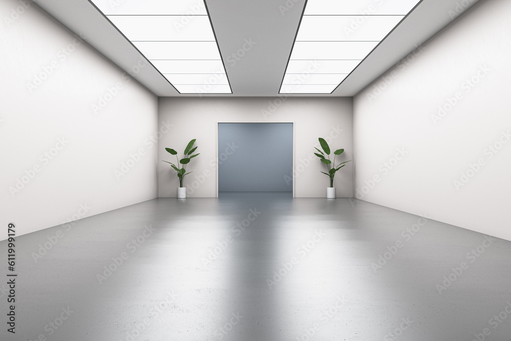 Modern gallery interior with concrete flooring and reflections, arch, decorative plant and bright ce