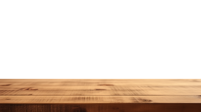 一张深棕色、空的带有透明背景的木制桌子的正面视图，用作空白的木制桌子模型